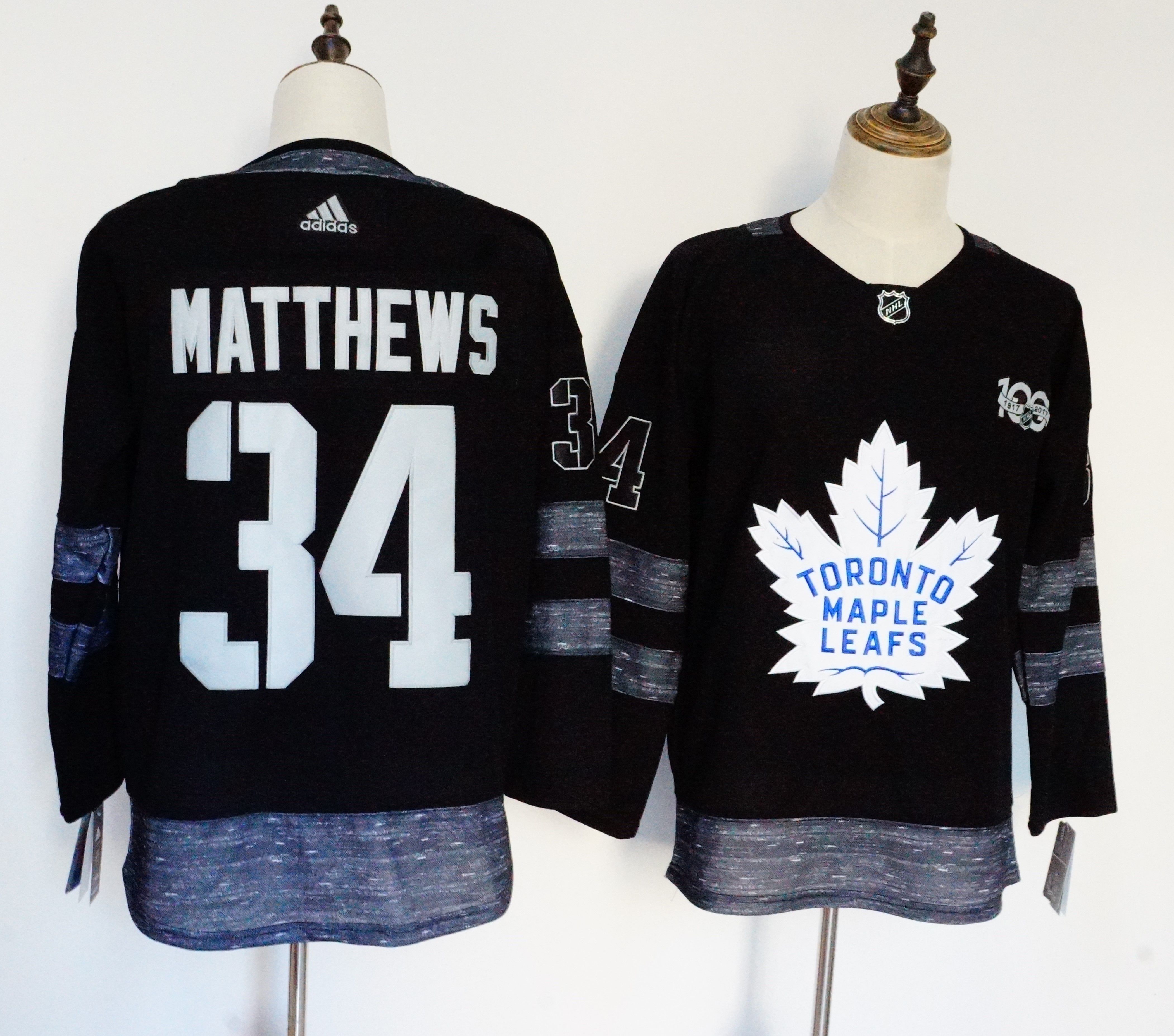 Men Toronto Maple Leafs 34 Matthews Black 100th Anniversary Stitched Adidas NHL Jerseys